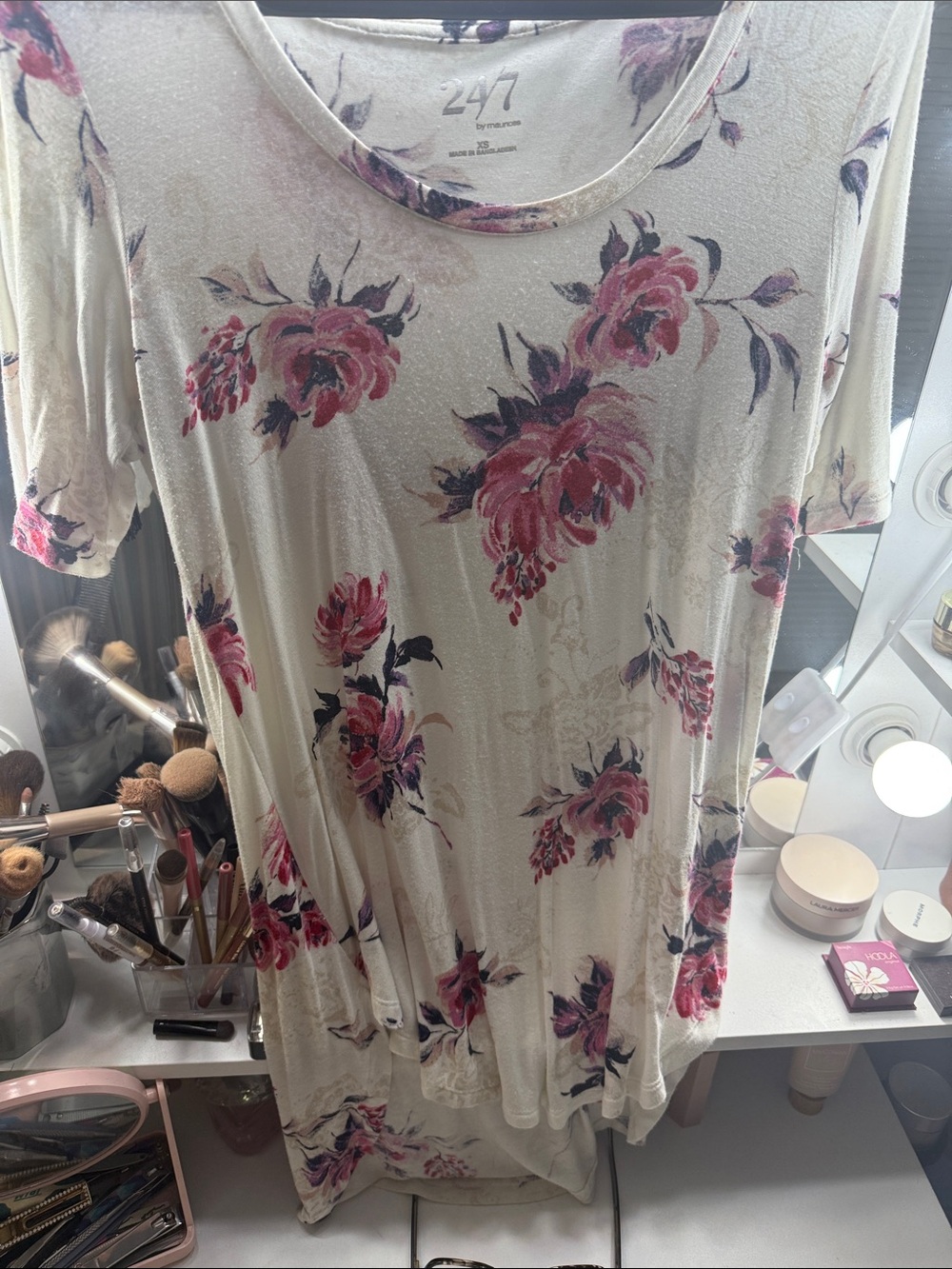 Flowy Cream Floral Tunic with Pink Rose Print
